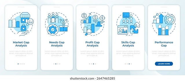 Tipos de análise de lacunas tela azul de aplicativo móvel onboarding. Pesquisa de dados. Passo a passo 5 passos instruções gráficas editáveis com conceitos lineares. IU, UX, GUI