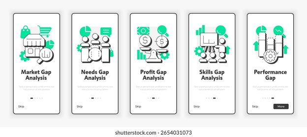 Tipos de tela de integração móvel de análise de lacunas. Ilustração da interface do usuário do UX da pesquisa de dados da empresa comercial. Ícones de estilo de estrutura de tópicos plana com ênfase verde