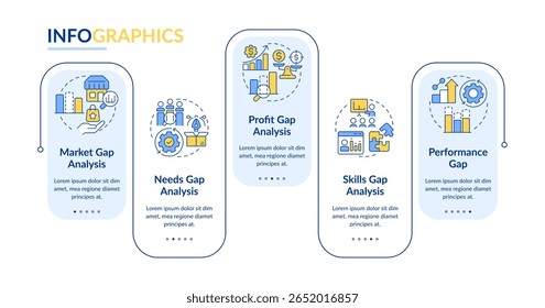 Tipos de vetor infográfico de retângulo de análise de lacunas. Métodos de pesquisa de dados. Desempenho corporativo. Visualização de dados com 5 etapas. Gráfico editável de opções retangulares