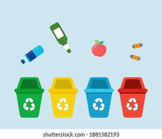 Tipos de basura: residuos orgánicos, plásticos, metálicos, de vidrio y electrónicos. Estilo vectorial de dibujos animados para su diseño. 