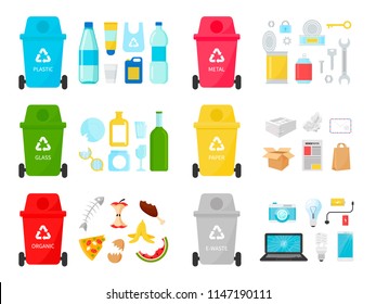 Tipos de ilustraciones ecológicas del reciclado de basura. Metal, papel, orgánico, electrónico, plástico, basura de vidrio con latas. Estilo plano infográfico.  