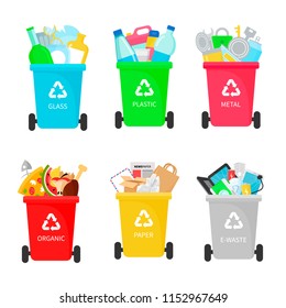 Types of garbage recycling ecological vector illustration. Metal, paper, organic, electronic, plastic, glass trash with cans. Infographic flat style.  