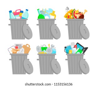 Types of garbage recycling ecological vector illustration. Metal, paper, organic, electronic, plastic, glass trash with cans. Infographic flat style.  