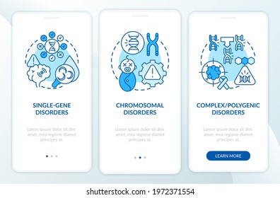 Types of genetic disorders blue onboarding mobile app page screen with concepts. Medical care walkthrough 3 steps graphic instructions. UI, UX, GUI vector template with linear color illustrations