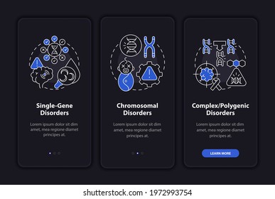 Types of genetic disorders onboarding mobile app page screen with concepts. Medical care walkthrough 3 steps graphic instructions. UI, UX, GUI vector template with linear night mode illustrations
