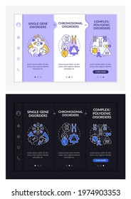 Types of genetic disorders onboarding vector template. Responsive mobile website with icons. Web page walkthrough 3 step screens. Inherited disease dark, light mode concept with linear illustrations