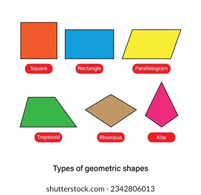Types of geometric shapes quadrilateral shapes names vector illustration.