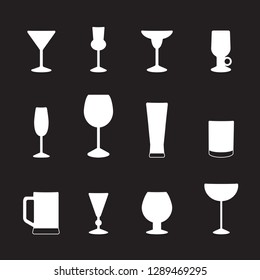 Types of glasses for drinks, set of icons. Vector illustration