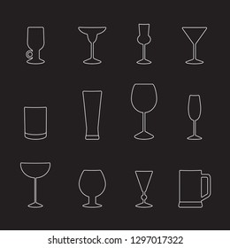 Types of glasses for drinks, set of icons. Vector illustration