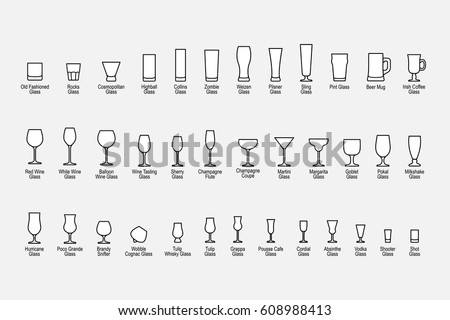 Types of glasses with names, line icons set. Vector illustration