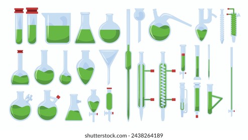 Tipos de colección de conjuntos de cristalería, reactivos químicos, tubos de ensayo de laboratorio. Investigación científica médica. Herramienta de equipo de experimentación, cartel de educación de biología, ilustración vectorial.