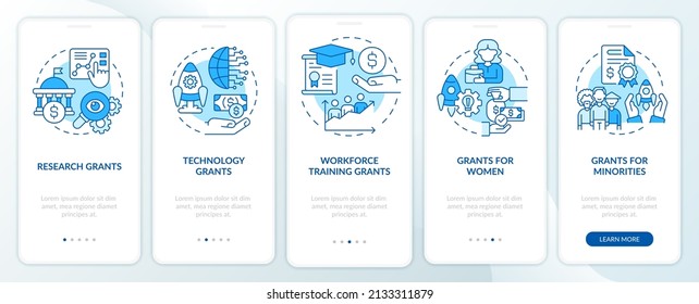 Tipos de subvenciones pantalla azul de aplicación móvil a bordo. Programa para el tutorial de negocios 5 pasos páginas de instrucciones gráficas con conceptos lineales. UI, UX, plantilla GUI. Multitud de tipos de letra Pro-Bold, con uso regular