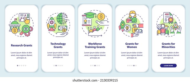 Types of grants onboarding mobile app screen. Program for business walkthrough 5 steps graphic instructions pages with linear concepts. UI, UX, GUI template. Myriad Pro-Bold, Regular fonts used
