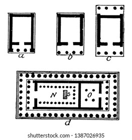 Typen von griechischen Tempelplänen ist ein Antis-Design, es ist eine griechische Architektur, Vintage-Linie Zeichnung oder Gravur.