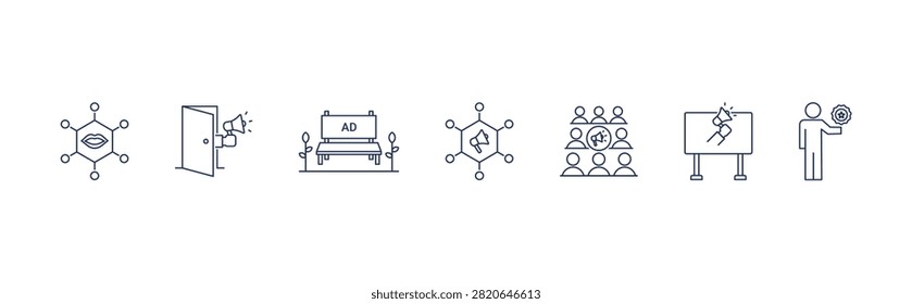 Types of Guerrilla Marketing Strategy icon set with buzz, stealth, ambient, viral, grassroots, ambush, experiential marketing vector icon concept illustration in simple line and transparent background