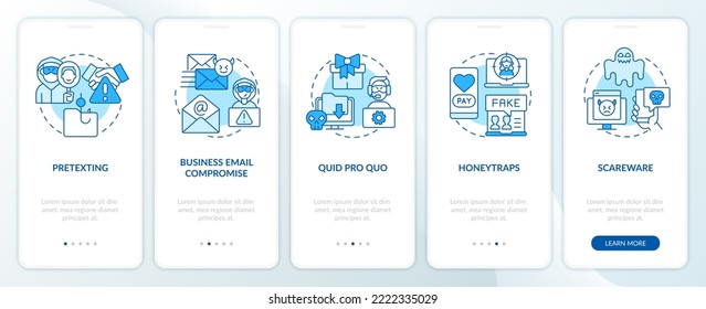 Types of hacker attacks blue onboarding mobile app screen. Walkthrough 5 steps editable graphic instructions with linear concepts. UI, UX, GUI template. Myriad Pro-Bold, Regular fonts used