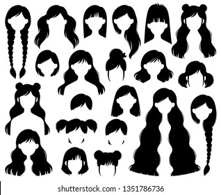 Types Of Women’s Hairstyles: Beehive,
Bob, Braided, Bun, Half Up Half Down, Highlights, Layers, Pixie, Ponytail, Bangs, Tousled, Upstyle Silhouette Vector Set