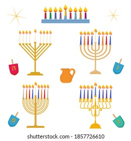 Verschiedene Arten von Hanukka, Festival of Light, traditionelle goldene menorah candelabrum mit bunten Kerzen, Vektorgrafik Set, dreidels mit hebräischen Buchstaben und Öl-Glas-Symbole einzeln auf Weiß.