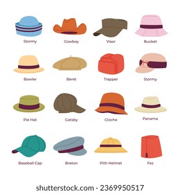 Types of Hats and headgears. Stylish summer male and female headwear, vintage classic and modern hats, colorful accessory cartoon vector set of accessories