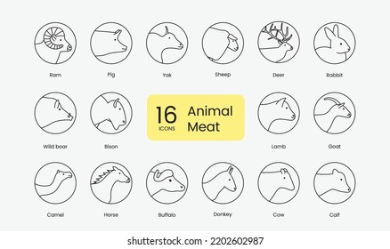 Types Of Head Animal Meat, Linear Icon In Vector Pig, Donkey And Cow And Beef, Wild Boar, Rabbit And Bison, Horse, Ram, Lamb, Goat, Deer, Venison And Yak.