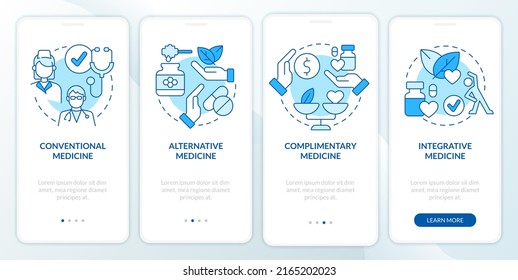 Types of healthcare approaches blue onboarding mobile app screen. Walkthrough 4 steps editable graphic instructions with linear concepts. UI, UX, GUI template. Myriad Pro-Bold, Regular fonts used