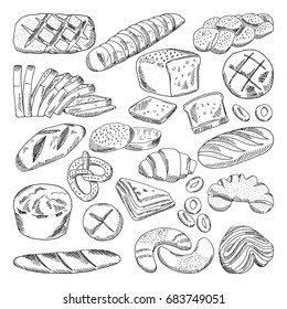 Types of healthy bakery foods. Croissant and fresh bread. Hand drawn vector bread loaf food, fresh bun and croissant, illustration