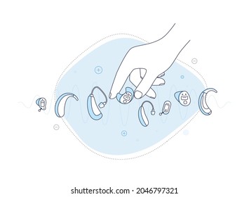 Types of hearing aids for the deaf.The hand reaches for the right listening device.Custom hearing aid fitting for deaf people.Vector flat illustration.