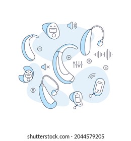 Types of hearing aids for the hearing impaired and the deaf with icons.Hearing aid technology.Vector flat illustration with lines.Behind,receiver,in the ear,open fit,in the canal,invisible,completely.