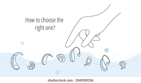 Types of hearing aids for the hearing impaired and the deaf.The hand reaches for the right hearing aid. Elements for flyer, web page, ENT doctor brochure.Vector flat illustration.