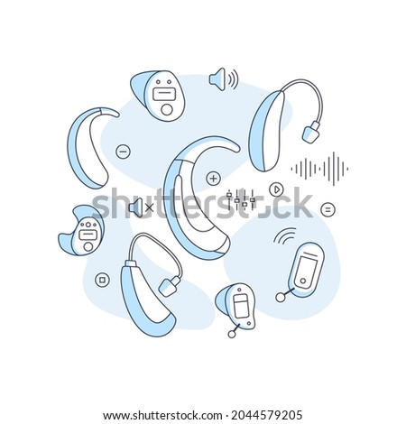 Types of hearing aids for the hearing impaired and the deaf with icons.Hearing aid technology.Vector flat illustration with lines.Behind,receiver,in the ear,open fit,in the canal,invisible,completely.