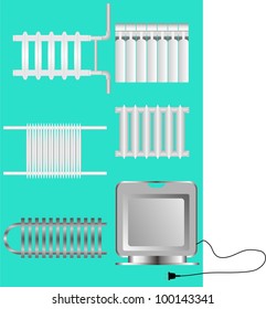 Types of heaters for heating, on a green background.