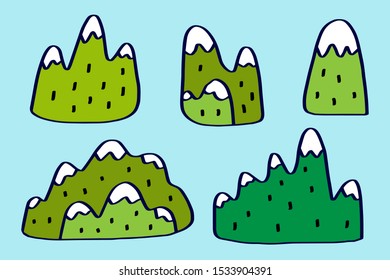 Types of hills and mountains set hand drawn in cartoon comic style vector illustration green blue landscape
