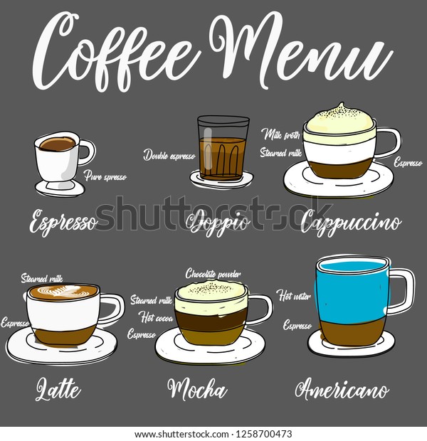 Types Hot Coffee Cute Cartoon Style Stock Vector (Royalty Free ...