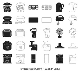 Types of household appliances black,outline icons in set collection for design.Kitchen equipment vector symbol stock web illustration.