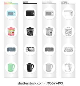 Types of household appliances cartoon black monochrome outline icons in set collection for design.Kitchen equipment vector symbol stock web illustration.