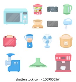 Types of household appliances cartoon icons in set collection for design.Kitchen equipment vector symbol stock web illustration.