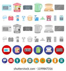 Types of household appliances cartoon icons in set collection for design.Kitchen equipment vector symbol stock web illustration.