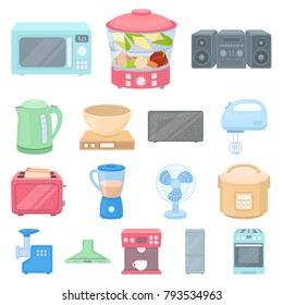 Types of household appliances cartoon icons in set collection for design.Kitchen equipment vector symbol stock web illustration.