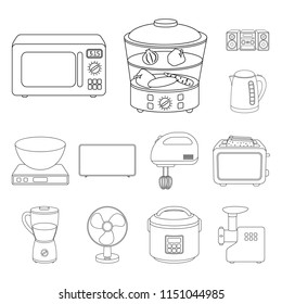 Types of household appliances outline icons in set collection for design.Kitchen equipment vector symbol stock web illustration.