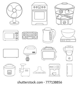 Types of household appliances outline icons in set collection for design.Kitchen equipment vector symbol stock web illustration.