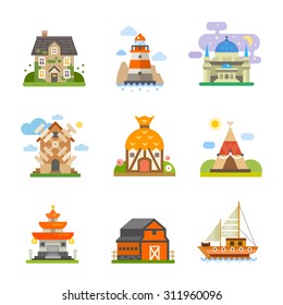 Types of housing in different pieces of the world. Sea house-boat, forest house, traditional culture or classic. Vector flat icon set
