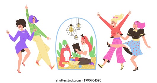 Types Of Human Personality Temperament - Behavior Extrovert And Introvert. Introversion Young Woman Read Book At Home, Extroversion Girls Dance At Party. Vector Flat Illustration