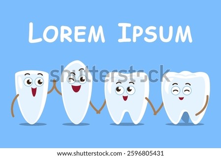 Types of human teeth . Dental cartoon characters and copy space on upper site . Vector .
