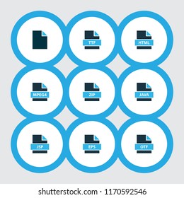 Types icons colored set with file otf, mpeg4 file, file zip and other page elements. Isolated vector illustration types icons.
