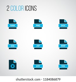 Types icons colored set with file exe, file sql, fie raw and other software elements. Isolated vector illustration types icons.