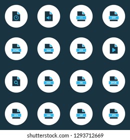 Types icons colored set with file jsp, search file, file eps and other markup language elements. Isolated vector illustration types icons.
