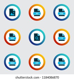 Types icons colored set with open type, file rar, search file and other true type elements. Isolated vector illustration types icons.