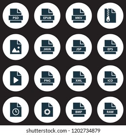 Types icons set with bmp, system, doc and other picture elements. Isolated vector illustration types icons.