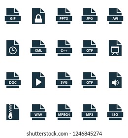 Types icons set with data, script, text and other timer elements. Isolated vector illustration types icons.