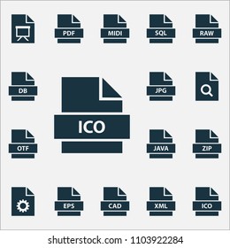 Types icons set with folio, multimedia, pdf and other programming language elements. Isolated vector illustration types icons.